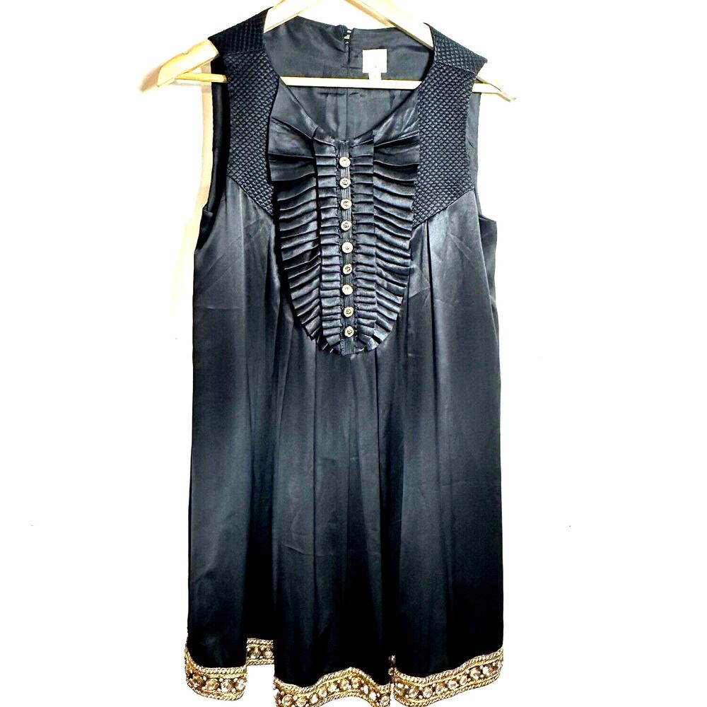 Lauren Moffat Anthropologie 100% Silk beaded swing dress Black Womans Size 4